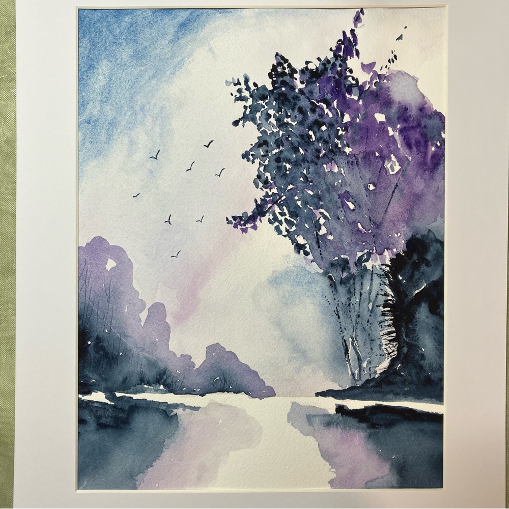 Watercolor Semi Abstract Landscape Wall Art Framed in Acid Free Art Kit, 11x14